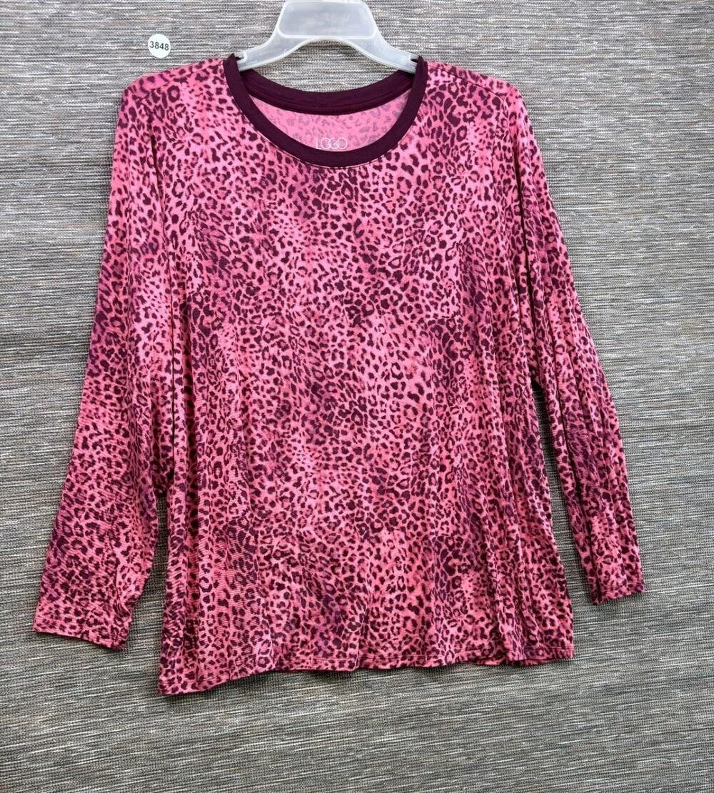 LOGO by Lori Goldstein Animal Print Solid Collar Long Sleeve Top Size 1X Pink